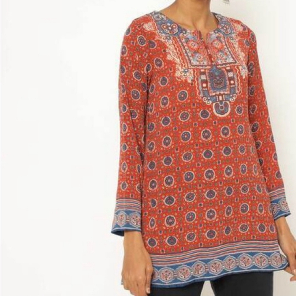 BIBA Printed Straight Kurti Tunic Top with Notched Neck Rust Jeweled